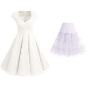 Bbonlinedress Women 1950s Retro Vintage Cocktail Dress Ivory XL + Vintage Petticoat Underskirt 25" White L