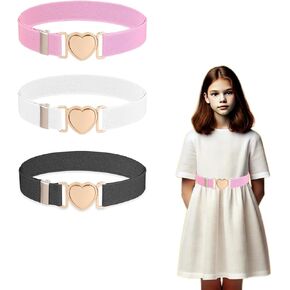 3 Pack Heart Elastic Waist Belts for Girls - Adjustable Stretch Belts with Quick Release Buckle - Cute Belts for Women's Pants, Dresses, Jeans