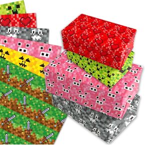 12 Sheets Pixel Style Gift Wrapping Paper,Pixel Pattern Wrapping Paper For Video Game Party DIY Gift Packing Miner Crafting Birthday Party Favor, 20 x 27 Inch