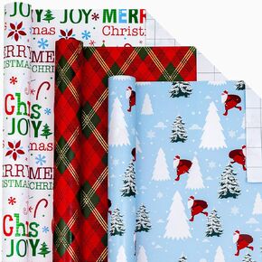 Homeral Reversible Christmas Wrapping Paper Roll - Metallic Shine Santa, Sleigh, Reindeer, Stripe, Plaid, Letterings, Snowflake for Christmas, New Year Celebration - 3 Rolls - 17 x 120 Inch Per Roll