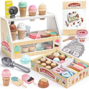 Toyssa Wooden Ice Cream Toys Kids Pretend Play Store Toys for Toddlers Girls 3 4 5 6, Wooden Food Christmas Birthday Gifts Play Kitchen Accessories for 2 3 4 5 Year Old Girls Boys