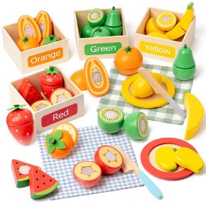 Wooden Play Food Sets for Kids Kitchen Accessories, Velcro Fruit and Veggies Cutting Set for Kids, Pretend Play Food for Toddlers, Montessori Color Sorting Toys for Girls Boys