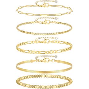 iF YOU Gold Bracelets for Women, 14K Gold Plated Stackable Bead Ball Cuban Link Paperclip Bracelets Bracelet Set, Layered Adjustable Bracelets for Women Waterproof Jewelry for Gift 5pc