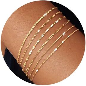 Gold Stack Bracelets for Women: Dainty Thin Bracelet Set Trendy 14K Gold Plated Waterproof Bracelets for Women Adjustable Tennis Beaded Figaro Rope Paperclip Box Link Bracelet Gold Jewelry