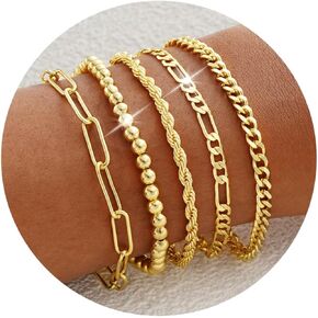 Gold Bracelets for Women, Dainty 14K Gold Plated Stackable Link, Trendy Adjustable Cuban Beaded Gold Chain Bracelet Stack Set