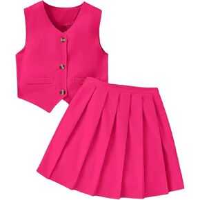 Milumia Girl's 2 Piece Outfits Button Front Blazer Vest and Pleated Skirt Set