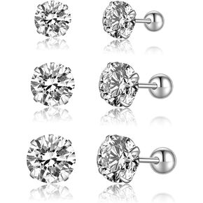SLUYNZ Sterling Silver Round Simulated Diamond Stud Earrings for Women Teens Round CZ Stud Earrings Set Screw Back Small CZ Ear Stud Set 3 Pairs