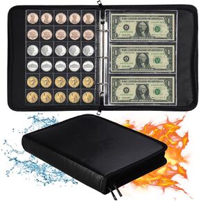 Coin Collection Book for Collector, 360 Pockets Fireproof Coin Albums for Collectors & 36 Sleeves Paper Money Binder Holder with Aluminum Foil Lining for Coin, Currency,Bill,Quarter and Stamp