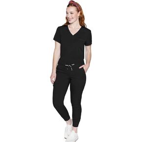 Med Couture Women's Scrub Set with V- Neck Scrub Top MC7448 and 2-Way Stretch Pants 7710, Black - XL Top/XL Tall Pant