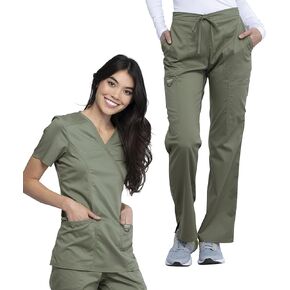 Cherokee Scrub Set for Women Modern Classic Fit Mock Wrap Top WW610 with Mid Rise Moderate Flare Drawstring Pant-WW120, Olive - M Top/M Petite Pant