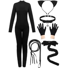 Xtinmee 6 Pcs Halloween Cat Costume Women Female Fullbody Black Catsuit Cat Headband Glove Choker Tail Costume Set