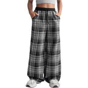 SHENHE Girl's Plaid Print Drawstring Wide Leg Pants High Waist Loose Long Pants with Pockets