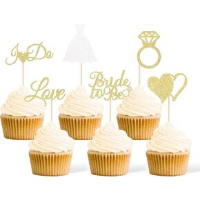 Gexolenu 24 Pcs Bride To Be Cupcake Toppers Gold Glitter Double-Sided I Do Love Heart Diamond Ring Cupcake Picks Decorations For Bridal Shower Wedding Engagement Party Supplies