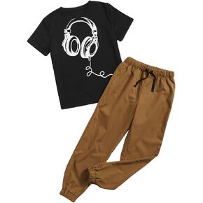 GORGLITTER Boy's 2 Piece Outfits Graphic Print Short Sleeve Tee Shirt Drawstring Waist Pants Set