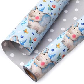Ribbli Reversible Baby Girl Wrapping Paper Blue Elephant with Pink Polk Dots Paper for Baby Shower Kids Birthday Party - 17Inch x 394Inch(33Feet)