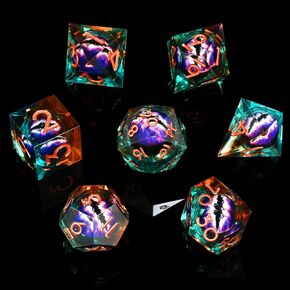 GiGiGuGu DND Dice Set - Liquid Core Beholder's Dragon Eye 7pcs Polyhedral Resin Dice with Sharp Edged and DND Metal Gift Box for RPG & Role Playing (D20, D12, D10/D%, D8, D6, D4) (Green)