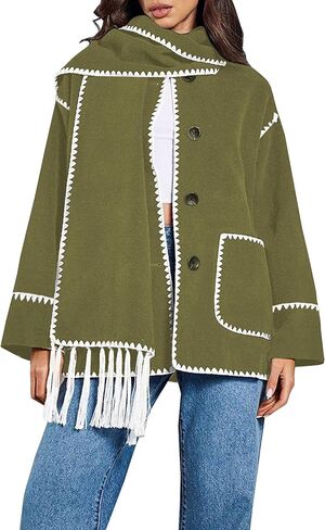 سترة وشاح مطرزة للنساء من Angashion - معطف شتوي كاجوال بأكمام طويلة وأزرار سفلية كبيرة الحجم مع وشاح شرابة in Kuwait