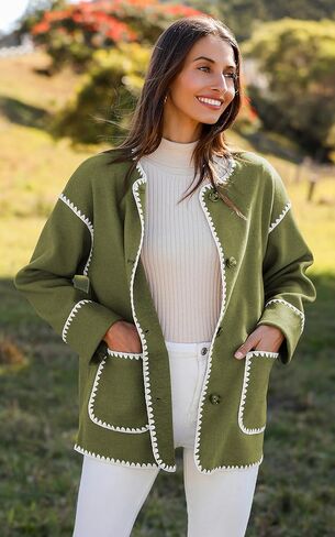 سترة وشاح مطرزة للنساء من Angashion - معطف شتوي كاجوال بأكمام طويلة وأزرار سفلية كبيرة الحجم مع وشاح شرابة in Kuwait