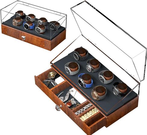 Watch Box, 7 Slot Mens Watch Case With Clear Acrylic Lid, Wooden Watch Display Case Organizer for Men With Accessory Drawer, Wooden Posts & PU Leather Lining, Brown in Saudi Arabia