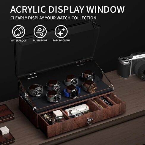 Watch Box, 7 Slot Mens Watch Case With Clear Acrylic Lid, Wooden Watch Display Case Organizer for Men With Accessory Drawer, Wooden Posts & PU Leather Lining, Brown in Saudi Arabia