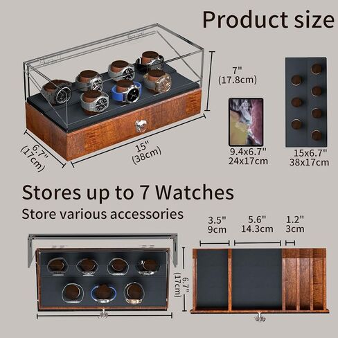 Watch Box, 7 Slot Mens Watch Case With Clear Acrylic Lid, Wooden Watch Display Case Organizer for Men With Accessory Drawer, Wooden Posts & PU Leather Lining, Brown in Saudi Arabia