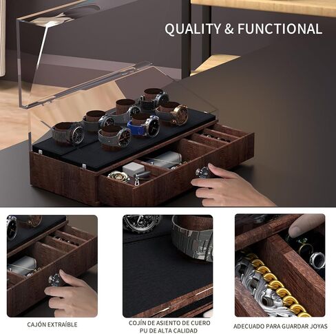 Watch Box, 7 Slot Mens Watch Case With Clear Acrylic Lid, Wooden Watch Display Case Organizer for Men With Accessory Drawer, Wooden Posts & PU Leather Lining, Brown in Saudi Arabia