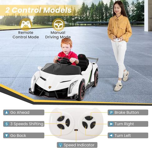 HONEY JOY Ride On Car, 12V Licensed Lamborghini Electric Vehicle for Kids, 3 Speeds, Openable Door, Horn, Music, Control Lever, Toddler Ride On Car Toy with Remote Control, Gift for Boys Girls (Red) in Kuwait