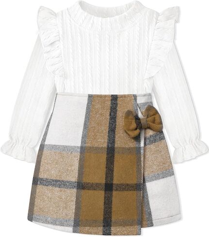 Toddler Girl Clothes, Kids Clothes 2 Piece Ruffle Sleeve Tops Mini Plaid Skirt Skort Fall Winter Outfits Set 3-7T in Saudi Arabia