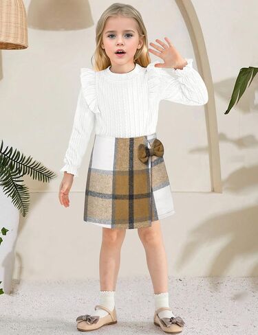 Toddler Girl Clothes, Kids Clothes 2 Piece Ruffle Sleeve Tops Mini Plaid Skirt Skort Fall Winter Outfits Set 3-7T in Saudi Arabia