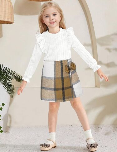 Toddler Girl Clothes, Kids Clothes 2 Piece Ruffle Sleeve Tops Mini Plaid Skirt Skort Fall Winter Outfits Set 3-7T in Saudi Arabia