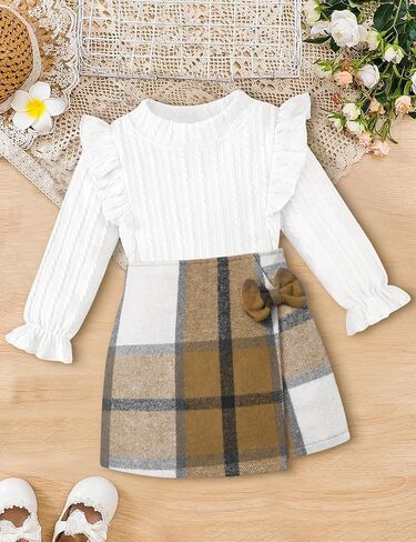 Toddler Girl Clothes, Kids Clothes 2 Piece Ruffle Sleeve Tops Mini Plaid Skirt Skort Fall Winter Outfits Set 3-7T in Saudi Arabia