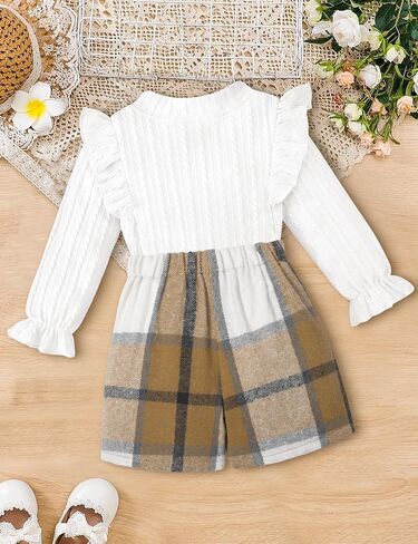 Toddler Girl Clothes, Kids Clothes 2 Piece Ruffle Sleeve Tops Mini Plaid Skirt Skort Fall Winter Outfits Set 3-7T in Saudi Arabia