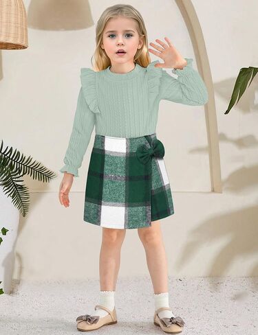 ملابس الفتيات الصغيرات، ملابس أطفال مكونة من قطعتين، تنورة قصيرة منقوشة بأكمام مكشكشة، مجموعة ملابس خريف وشتاء 3-7T in Kuwait