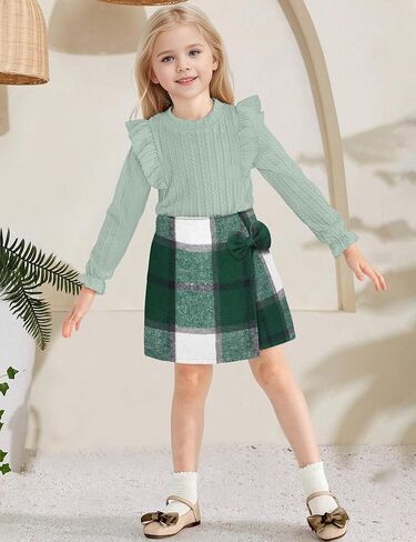 ملابس الفتيات الصغيرات، ملابس أطفال مكونة من قطعتين، تنورة قصيرة منقوشة بأكمام مكشكشة، مجموعة ملابس خريف وشتاء 3-7T in Kuwait