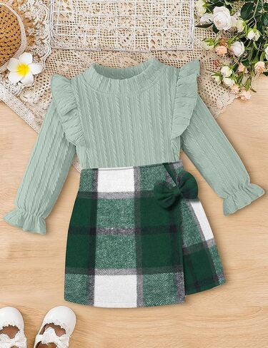 ملابس الفتيات الصغيرات، ملابس أطفال مكونة من قطعتين، تنورة قصيرة منقوشة بأكمام مكشكشة، مجموعة ملابس خريف وشتاء 3-7T in Kuwait