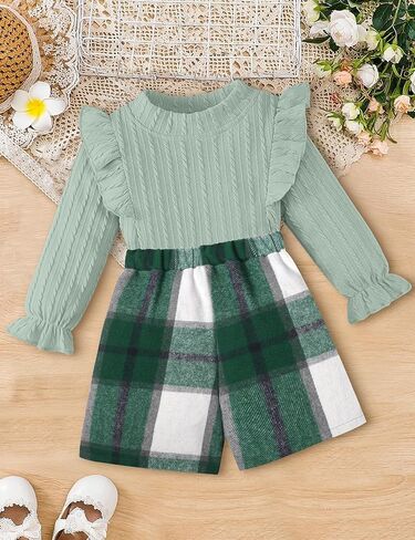 ملابس الفتيات الصغيرات، ملابس أطفال مكونة من قطعتين، تنورة قصيرة منقوشة بأكمام مكشكشة، مجموعة ملابس خريف وشتاء 3-7T in Kuwait