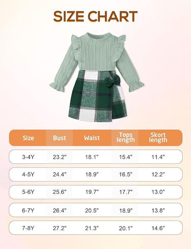 ملابس الفتيات الصغيرات، ملابس أطفال مكونة من قطعتين، تنورة قصيرة منقوشة بأكمام مكشكشة، مجموعة ملابس خريف وشتاء 3-7T in Kuwait