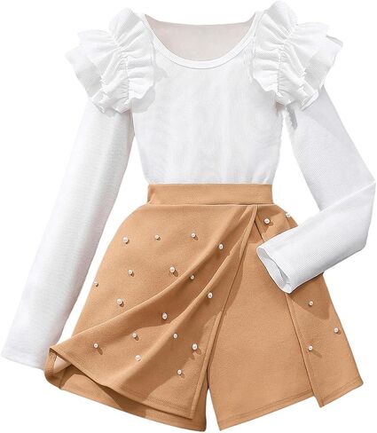 Floerns Girl's Two Piece Outfit Ruffle Trim Long Sleeve Knitted Top Beaded Skorts Set in Saudi Arabia