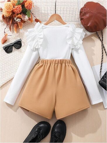 Floerns Girl's Two Piece Outfit Ruffle Trim Long Sleeve Knitted Top Beaded Skorts Set in Saudi Arabia