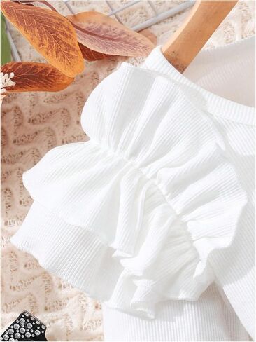 Floerns Girl's Two Piece Outfit Ruffle Trim Long Sleeve Knitted Top Beaded Skorts Set in Saudi Arabia
