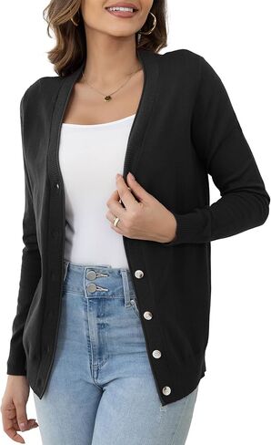 سترة نسائية خفيفة الوزن بياقة على شكل V وأزرار سفلية وأكمام طويلة ومفتوحة من الأمام (S-XXL) in Kuwait