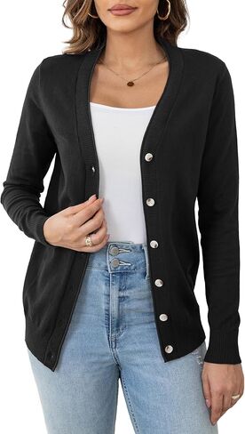 سترة نسائية خفيفة الوزن بياقة على شكل V وأزرار سفلية وأكمام طويلة ومفتوحة من الأمام (S-XXL) in Kuwait