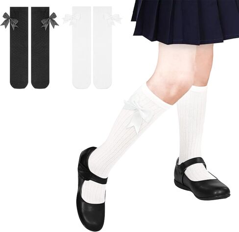 Girls Socks, Knee High Socks for Girls Long Socks with Bows Cotton School Uniform Socks for 4-12 Years, 2 Pairs in Kuwait