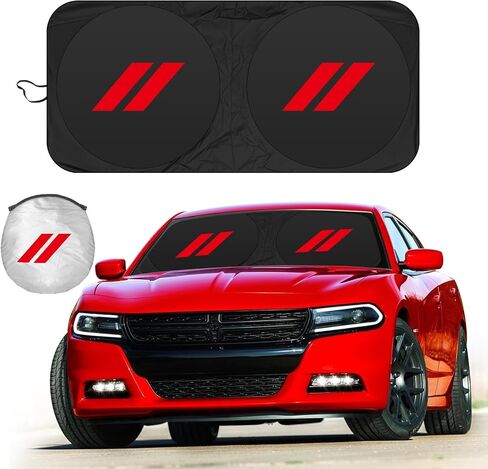Car Windshield Sun Shade for Dodge Charger/Challenger/Durango | Blocks UV Rays and Heats Front Window Sunshade | Car Sun Visor Protector Cover for Most Dodge Cars Accessories 64""x32"", Red- in Saudi Arabia