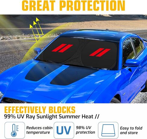 Car Windshield Sun Shade for Dodge Charger/Challenger/Durango | Blocks UV Rays and Heats Front Window Sunshade | Car Sun Visor Protector Cover for Most Dodge Cars Accessories 64""x32"", Red- in Saudi Arabia