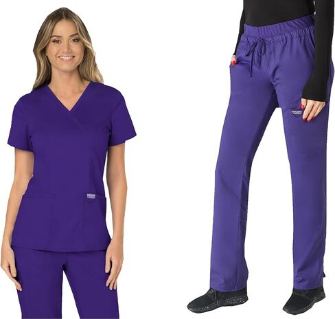 Cherokee Women's Scrub Set Mock Wrap Top with Princess Seams WW610 Mid Rise Tapered Leg Elastic Waist Drawstring Pant WW105, Grape- M Top/M Pant in Saudi Arabia