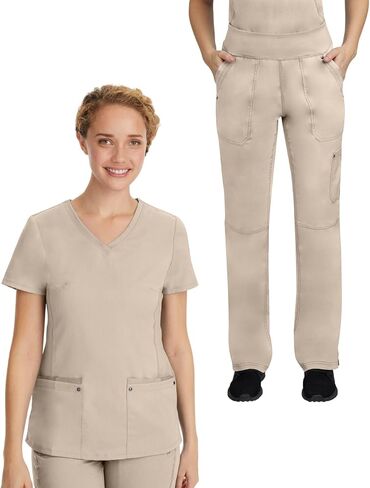 Healing Hands Scrub Set for Women with 7 Pockets, V-Neck Scrub Top 2245 and Knit Waistband Scrub Pant 9133, Khaki- XL Top/XL Pant in Saudi Arabia