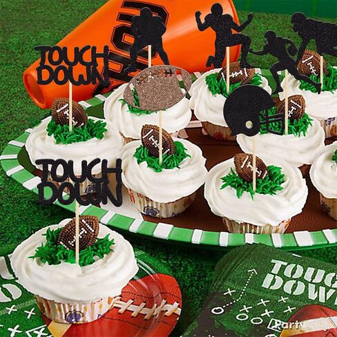Gyufise 28Pcs Rugby Ball Cupcake Toppers Black Football Players Sport Cupcake Picks Football Cupcake Toppers Super Rugby Touch Down Sports Theme Baby Shower Birthday Party Cake Decorations Supplies in Saudi Arabia