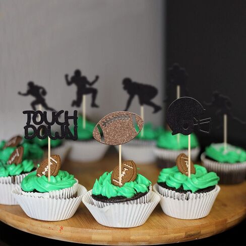 Gyufise 28Pcs Rugby Ball Cupcake Toppers Black Football Players Sport Cupcake Picks Football Cupcake Toppers Super Rugby Touch Down Sports Theme Baby Shower Birthday Party Cake Decorations Supplies in Saudi Arabia