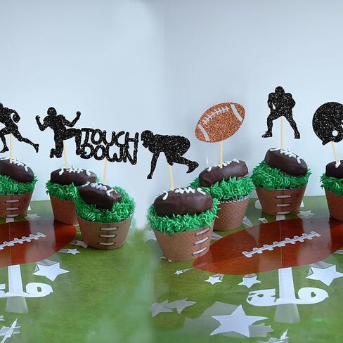 Gyufise 28Pcs Rugby Ball Cupcake Toppers Black Football Players Sport Cupcake Picks Football Cupcake Toppers Super Rugby Touch Down Sports Theme Baby Shower Birthday Party Cake Decorations Supplies in Saudi Arabia